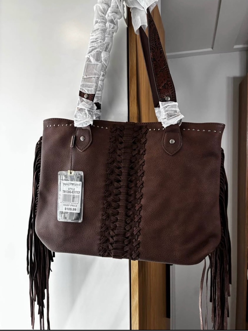 Fringed Braided-Trim Shoulder Tote in Dark Brown